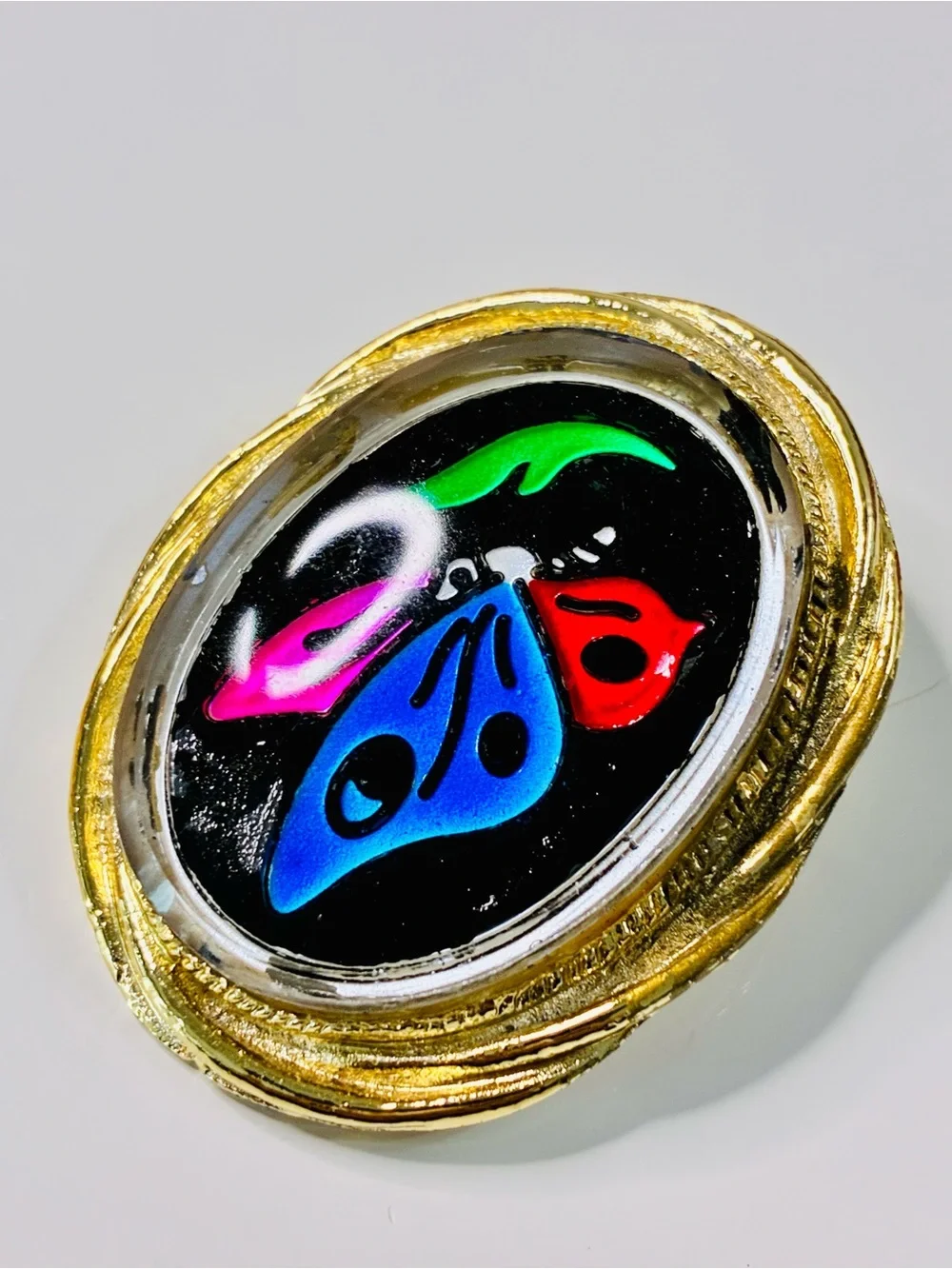 Colorful Butterfly Pendant Brooch in Gold-Tone Frame Unusual Eclectic EUC